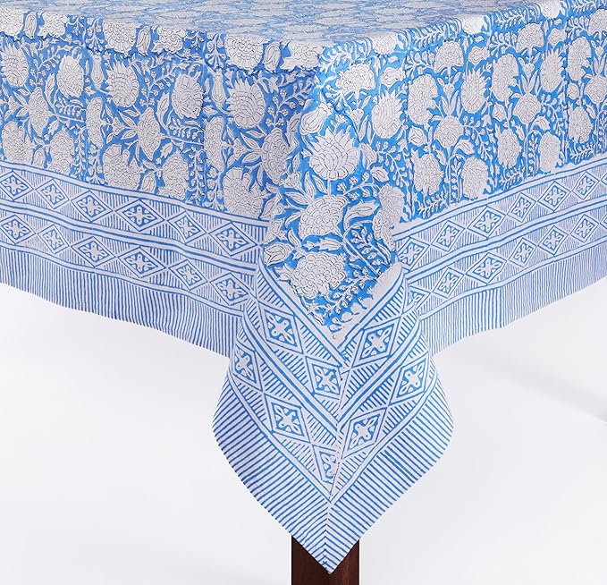 ATOSII Azora Blue 100% Cotton Rectangle Fall Tablecloth, Handblock Floral Print Linen Table Cloth for Kitchen Dining I Parties, Outdoors, Christmas, Thanksgiving I 72 X 108 Inches I 8 Seater