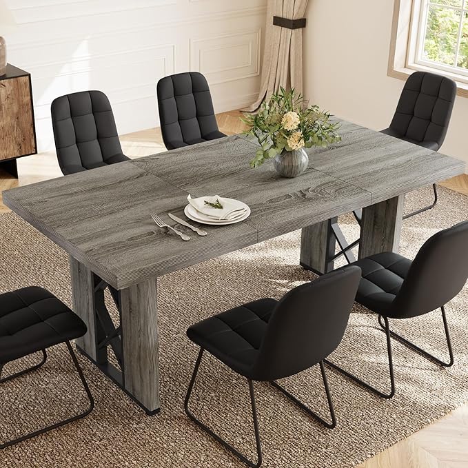 7-Piece Dining Table Set for 6 People, 70.8" MDF Kitchen Table with 6 Upholstered Chairs, Space-Saving for Dining Room, Breakfast Nook(Grey Table+6 U-Shaped Black Chairs)