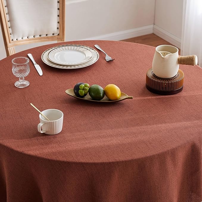 Linen Tablecloth with Tassels, Farmhouse Style Terracota Tablecloth, Water Resistant Burlap Tablecloths for Round Table, 52 Inch Round Terracota