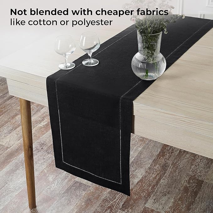 D'Moksha Homes Linen Black Table Runner 60 Inches - Classic Hemstitch, 100% Pure Linen Coffee Table Runner 14 x 60 Inch Ideal for Dresser Tables - Spring, Easter