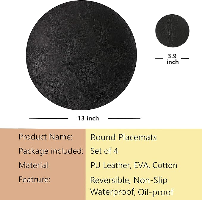 Embossed PU Leather Placemats, Waterproof Coffee Coasters, Kitchen Table Mats, Easy to Wipe Off for Dining Round Table