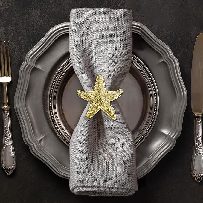 Decozen Set of 16 Gold Napkin Rings in Star Fish Design, Festive, Table Decor Setting for Holiday, Wedding, Birthday, Kitchen, Home Decor, Housewarming Gift - Mothers Day Decorations