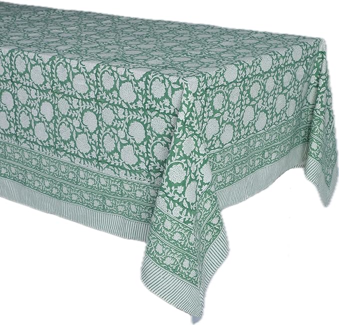 ATOSII Shalimar Green 100% Cotton Rectangle Spring Tablecloth, Handblock Floral Print Linen Table Cloth for Kitchen Dining I Parties, Outdoors, Weddings, Easter Holidays I 72 X 120 Inches I 10 Seater