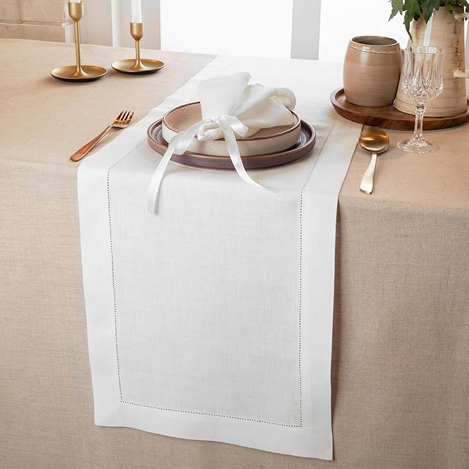 D'Moksha Homes Linen White Table Runner 84 Inches Long - 100% Pure Linen Table Runner 14 x 84 Inch for Valentines, Spring, Easter - Classic Hemstitch