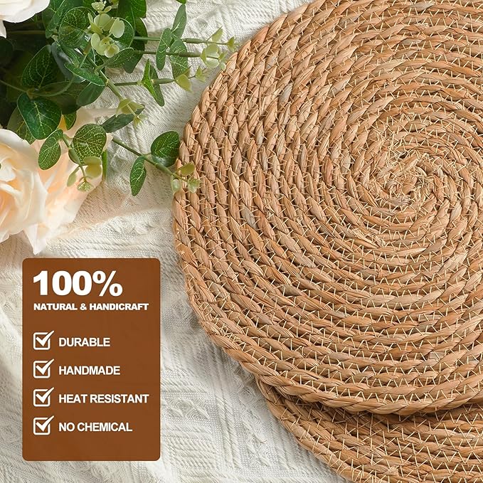 Round Woven Placemats - Boho Rattan Placemat Natural Water Hyacinth Placemats, Farmhouse Weave Place Mats, Rustic Braided Wicker Table Mats for Dining Table,Home,Wedding (13.5 inch Set of 8)