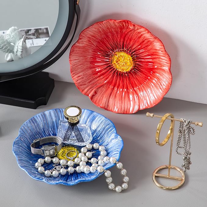 8-Inch Ceramic Dinner Plates, Set of 3 for Salad Dessert Appetizer Pasta | Decorative Plates for Home Decor, Jewelry Trays, Floral Design in Blue Pink Orange