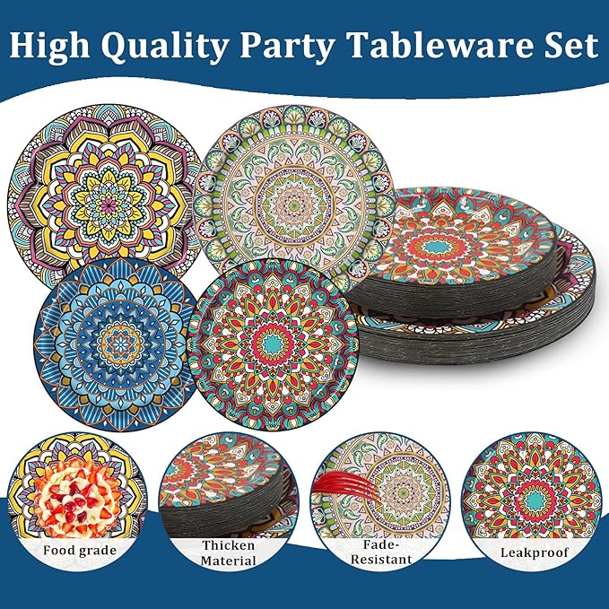 100PCS Boho Paper Plates 7Inch & 9Inch, Vintage Bohemian Disposable Dinnerware Plates for Birthday Gatherings Holiday Favor Baby Shower Party Supplies,50 Guests(Blue,Green,Red,Pink)