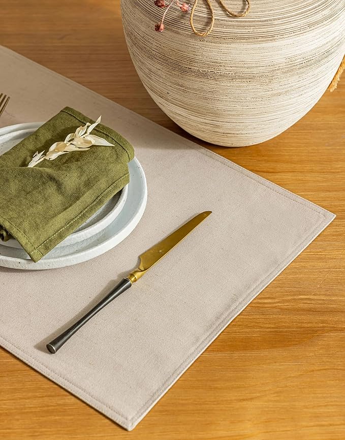 Linen Table Placemats Set of 6 Beige Modern Farmhouse Cloth Dining Table Mats Machine Washable Non Slip Heat Resistant Plate Mats 12x18 Inch
