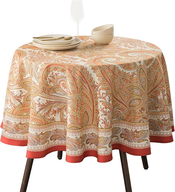 Maison d' Hermine Table Cloth Round Table 100% Cotton 69 Inches Fall Tablecloth Reusable Everyday Use for Thanksgiving Christmas Decorations Dining Farmhouse Party (Kashmir Paisley)
