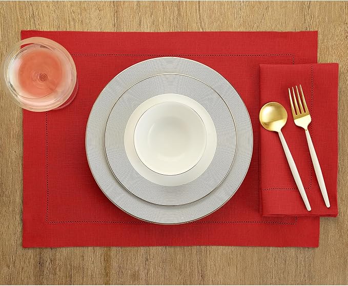 Solino Home Linen Placemats Set of 4 - Classic Hemstitch Red Placemats 14 x 19 Inch - 100% Pure Linen Table Mats for Holiday