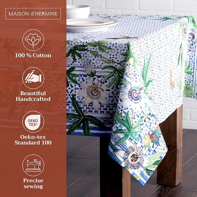 Maison d' Hermine Table Cloth Rectangle Table 100% Cotton 70 x 90 Inches Tablecloth Reusable Decorative for Dining Room Farmhouse Home Valentines Day Decorations Spring Summer - Passiflora