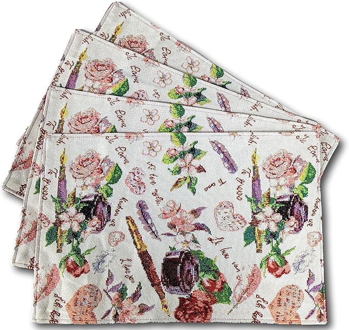 DaDalogy Set of 4-Pieces Authentic Tapestry Placemats - Spring Floral Vintage Looking Love Notes Quil Romantic British Roses - Heart Decorative Woven Dining Under Plate Table Mats - 13” x 19”