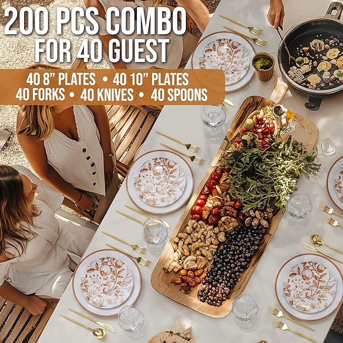 Trendables Fancy Plastic Dinnerware Sets 200 Pc Set 40 Guests Gold Silverware Disposable 40 X 10 Inch Charger Plates 40 X 8 Inch Dessert Plates 40 x Gold Plastic Forks and Spoons Knives In Pomegranate