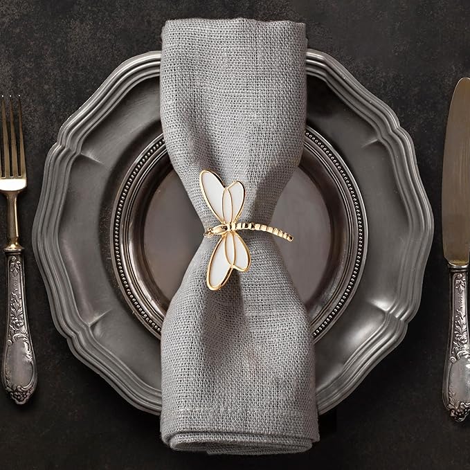 Decozen Set of 4 White Gold Napkin Rings in Dragonfly Design Festive Table Decor Setting for Holiday Wedding, Birthday, Kitchen, Home Decor Housewarming Gift - Mothers Day Decorations