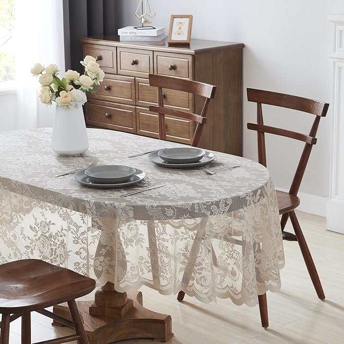 Warm Home Designs 60 x 84 Lace Tablecloth. Golden Linen Oval Tablecloth with English Rose Design. Oval Table Cloth, Rustic Tablecloth or Dining Table Cover for 6-8 Guests. LTC Linen Oval 84"