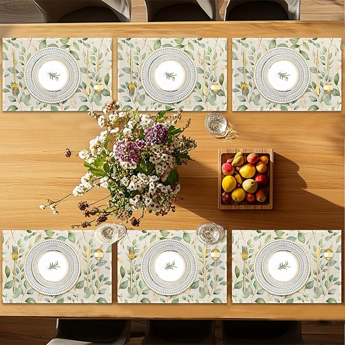Placemats12x18 Inch,Eucalyptus Leaves Placemats,Sage Green Leaf Kitchen Dining Coffee Table Mats Set of 6 for Home Indoor Outdoor Party