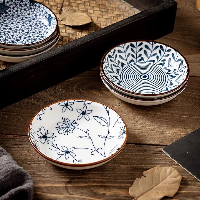 Japanese Style Ceramic Dipping Bowls,4'' Side Dishes Soy Sauce Dish for Sushi Dip,Snack,3 Oz Small Blue and White Pinch Bowl for Kitchen Prep - Set of 6 (4 inch)