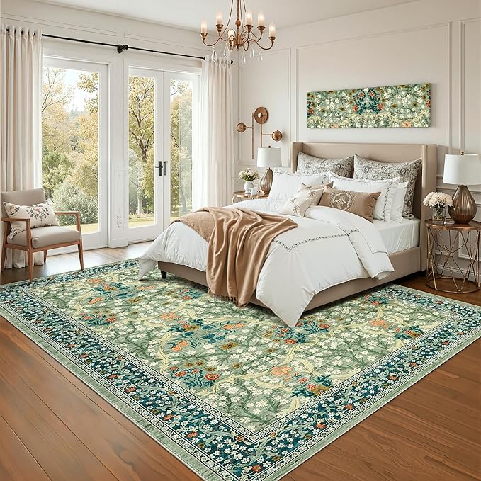 GarveeHome 8x10 Area Rugs, Washable Rugs for Living Room Non Slip Stain Resistant Ultra Soft Floral Rug, Boho Carpet Floor Mat for Bedroom Dining Room Nursery Playroom Office, Sage Green