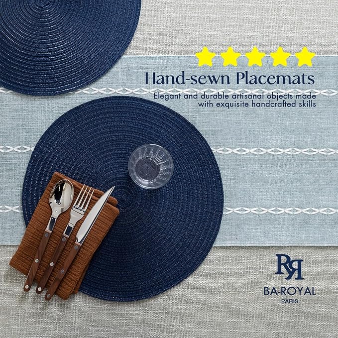 Round Placemats Set of 6 Woven Placemats Washable Braided Table Mats for Dining Table Heat Resistant Non-Slip Circle Place Mats(Navy Blue)