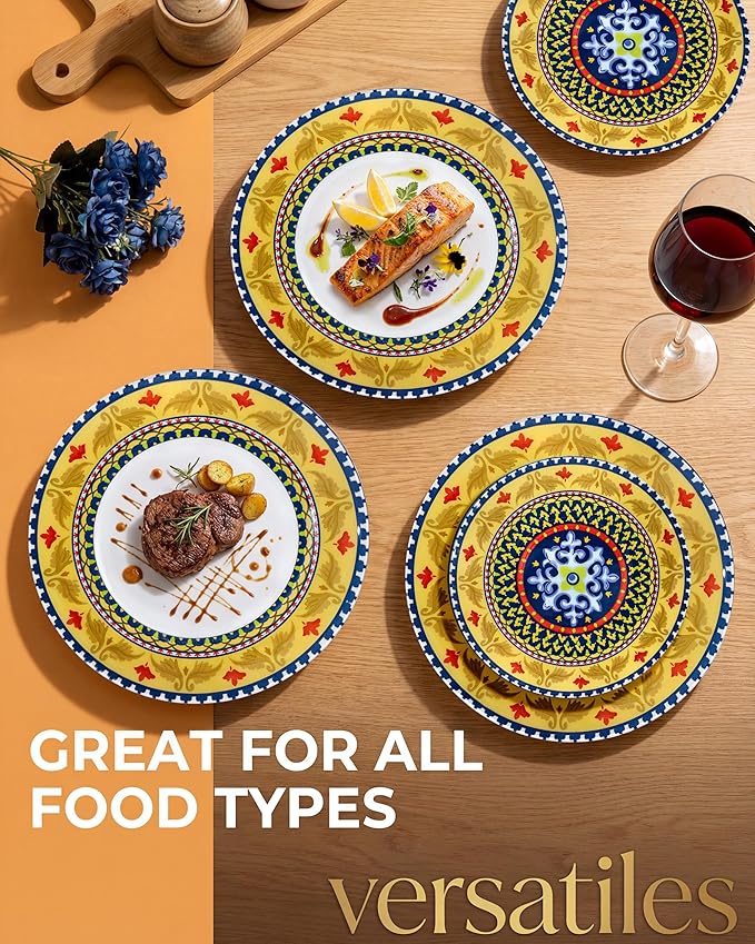 Hioasis 60pcs Plastic Disposable Plates Set - Layered Circular Pattern with Red & Yellow Accents, 10.25 Dinner & 7.5 Dessert Plates for Wedding,Anniversary,Party and Holiday