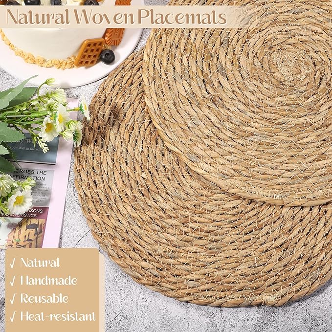 Aneco 48 Pack 13.8-Inch Round Woven Placemats Natural Hand-Woven Boho Rattan Wicker Bulrush Placemat Farmhouse Rustic Braided Table Mats for Dining & Kitchen Decor