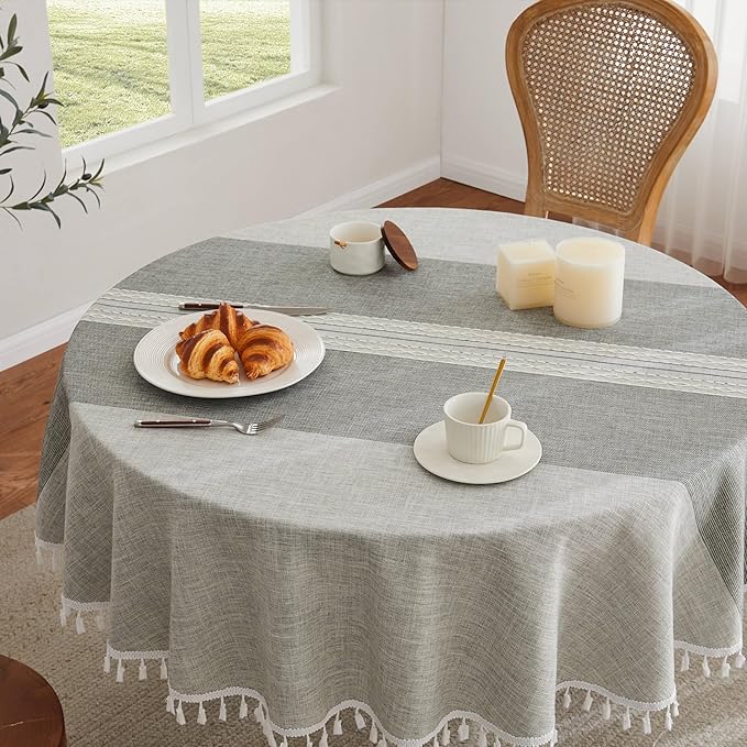 ZeeMart Contrast Linen Round Tablecloth 52 Inch Mid-Stripe Grey, Farmhouse Style Round Table Cloth Heavy Weight Grey Tablecloths, Water Resistant Burlap Table Cloths