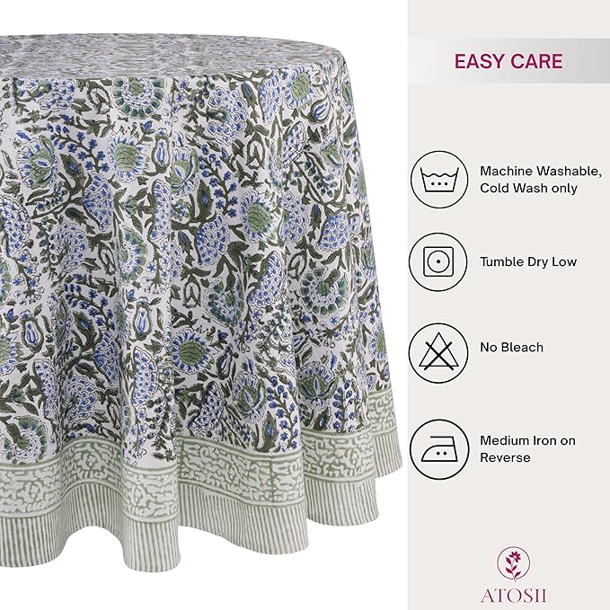 ATOSII Clover Blue 100% Cotton Round Boho Fall Tablecloth, Handblock Floral Table Cloth Linen for Kitchen Dining I Parties Wedding Outdoors Christmas Thanksgiving I 60" Inches Round I 4 Seater