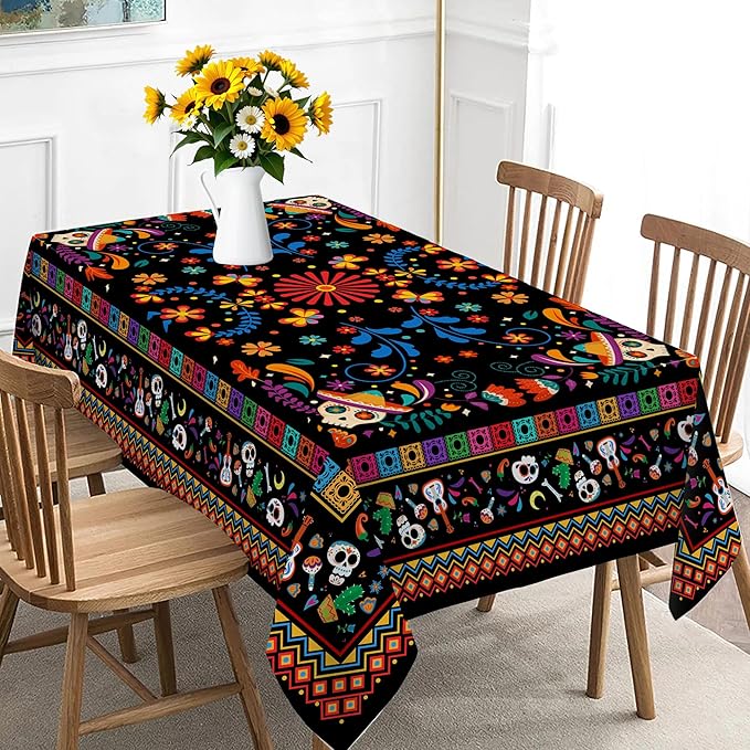 Mexican Tablecloth Rectangle 60 x 120 Inch, Cinco De Mayo Flower Skull Table Cloth Fiesta Indoor Decorations for Dining Room Party