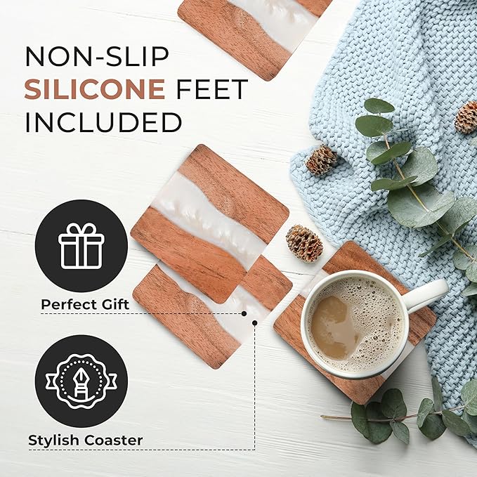Resin Coasters - Modern Elegant Epoxy Coaster Set with Holder for Office or Bachelor Pad