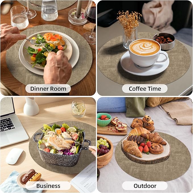 15 inch Faux Leather Round Placemats Set of 6 Non-Slip Washable Wipeable Table Mats, Heat Resistant Waterproof Oilproof Light Coffee Place Mats for Kitchen, Dining, Party, Indoor, Outdoor