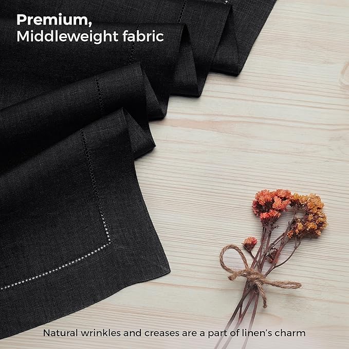 D'Moksha Homes Linen Black Table Runner 120 Inches Long - 100% Pure Linen Hemstitch 14 x 120 Inch Table Runner for Dining, Spring, Easter - Classic Hemstitch