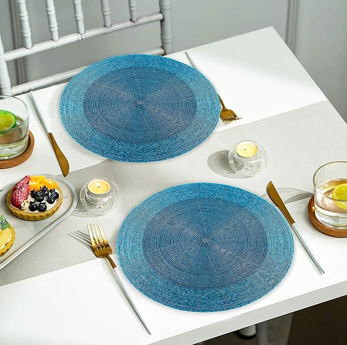 Lightnpro Glitz Beaded Charger Placemat - Turquoise Blue Placemat Set of 4, Handmade Round Table Mats - Christmas Xmas Dining Harvest Fall Holiday Celebration Festive Party Table Décor - 13 inch