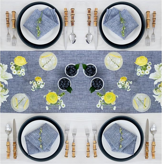 Solino Home Linen Chambray Indigo Table Runner 108 Inches Long - Athena, 100% Pure Linen 14 x 108 Inch Table Runner for Winter, Spring, Easter