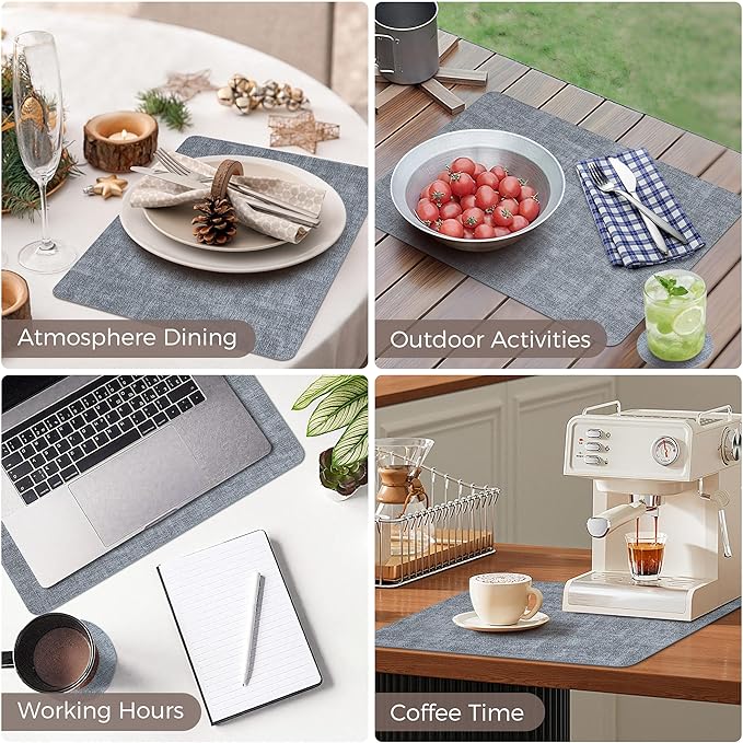 Vinyl Placemats Set of 8, Faux Leather Waterproof and Heat Resistant Place Mats, Washable Anti-Slip Table Mats with Coaster, Wipeable Placemats for Indoor & Outdoor 17" x 12" (Light Blue, Set of 8)