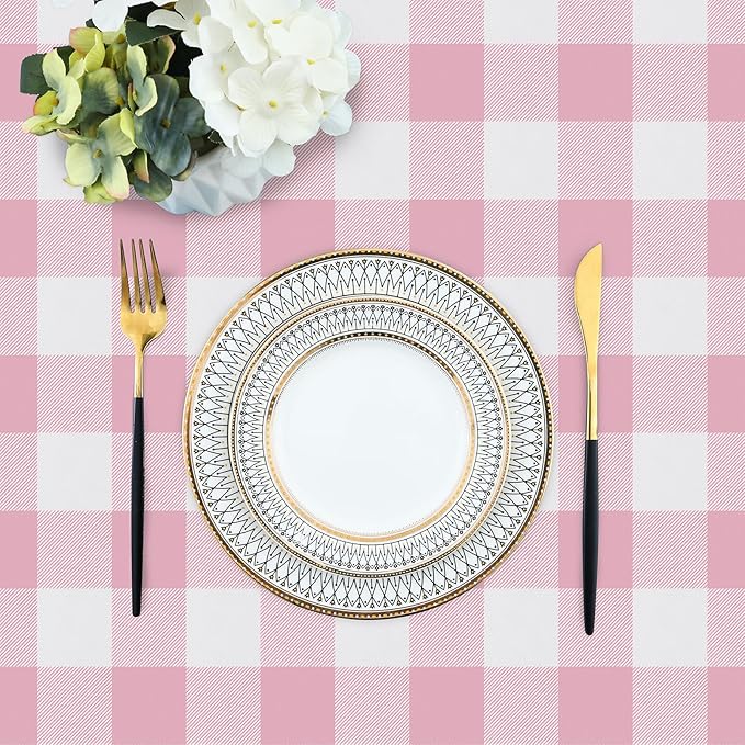misaya Square Waterproof Vinyl Table Cloth, Buffalo Flannel Backed Tablecloth, Wipeable Plastic Table Cover for Valentine's Day, Dinner, Kitchen, Outdoor (54" x 54", Pink and White)