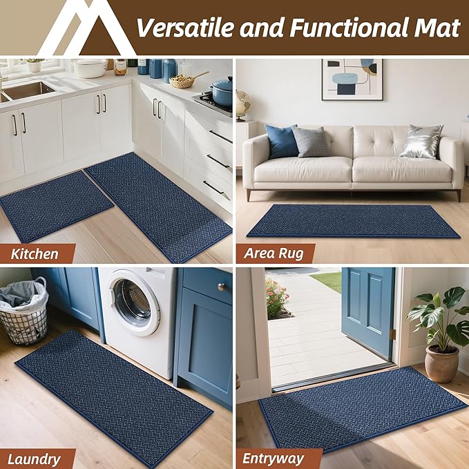 COSY HOMEER Kitchen Rugs Non Slip Washable 24"x36"+24"x60" Absorbent Kitchen Mats for Floor Stain Resistant Kitchen Runner Rug Sets of 2 Kitchen Floor Mats for Sink,Navy Blue