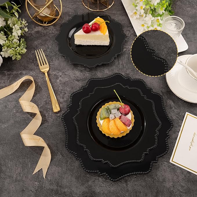 COLOSUS 60pcs Black Plastic Dessert Plates - 7.5 Inch- Heavy Duty Disposable Plastic Appetizer/Salad/Cake Plates for Party Wedding Birthday and Everyday Use