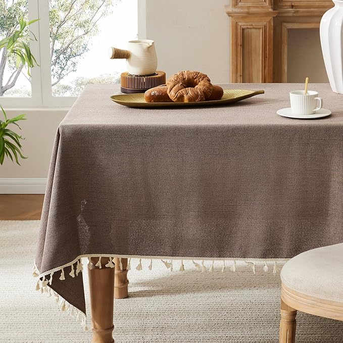 Linen Tablecloth with Tassels, Farmhouse Style Brown Tablecloth, Water Resistant Burlap Tablecloths for Square Table, 52x52 Inch Cocoa Brown