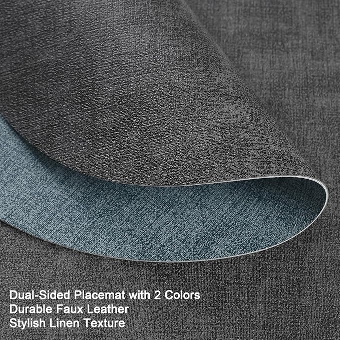 Myir JUN Round Placemats, Dual Sided Faux Leather Place Mats Set of 4 Indoor/Outdoor Non-Slip Washable Table Mats (Gray Light Blue, Set of 4)