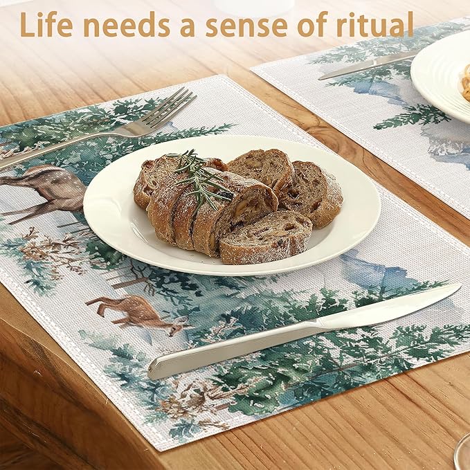 6 Pcs Placemats,Forest Mountain Placemats,Deer Trees Table Mats Washable Recyclable Table Placemat for Indoor Outdoor Heat Resistant Kitchen Dining 12"x18"