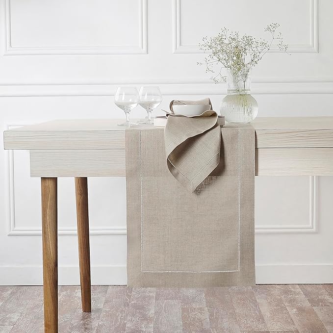 D'Moksha Homes Linen Natural Table Runner 108 Inches Long - 100% Pure Linen 14 x 108 Inch Table Runner for Valentines, Spring, Easter - Classic Hemstitch