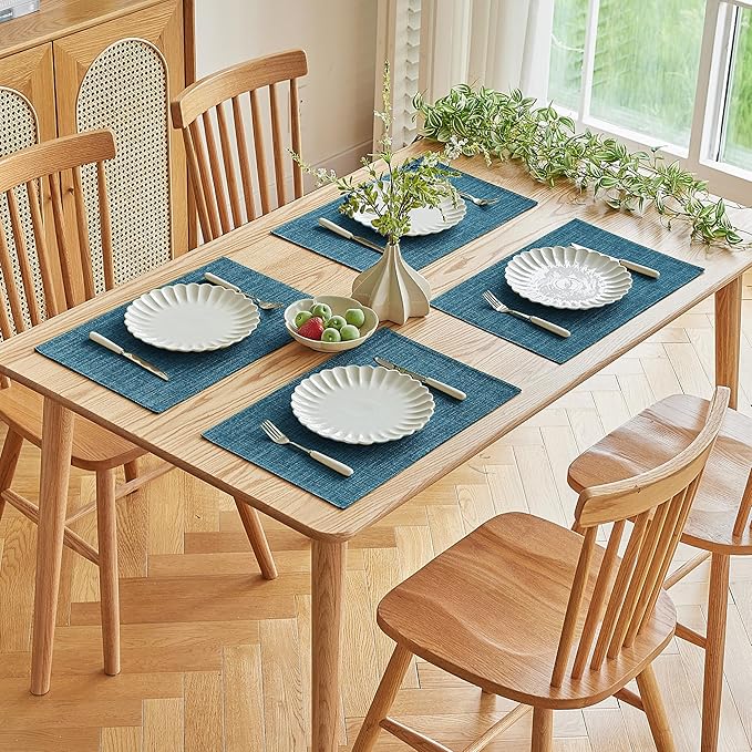 Softalker Faux Linen Placemats Set of 12-12 x 18 Inch, Heat Resistant Double Layered Durable Burlap Farmhouse Place Mats, Non-Slip Washable Rustic Table Mats for Dining, Kitchen, Party（Teal