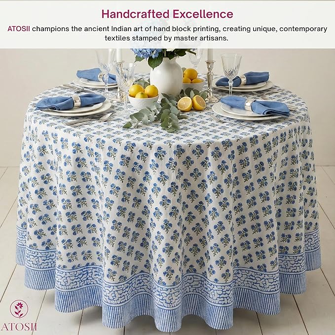 ATOSII Gulbahar Blue 100% Cotton Fall Round Tablecloth, Handblock Print Floral Table Cloth for Kitchen Dining Linen I Thanksgiving, Christmas, Weddings, Outdoors, Parties I 60" Inches I 4 Seater Table