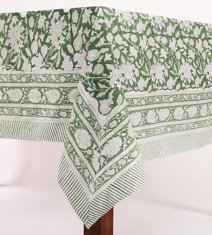 ATOSII Meraki Green 100% Cotton Fall Tablecloth, Handblock Print Rectangle Table Cover for Kitchen Dining Linen I Parties, Thanksgiving, Christmas, Wedding, Table Cloth I 72 X 108 Inches I 8 Seater