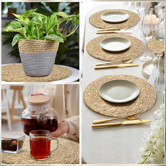 Elcoho 40 Pieces Round Woven Placemats 13.8 Inch Boho Rattan Placemats Farmhouse Braided Place Mats Woven Plate Chargers Rustic Wicker Table Mats for Dining Table
