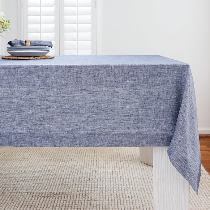Solino Home Linen Tablecloth 60 x 90 Inch - 100% Pure Linen Chambray Indigo Table Cloth for Rectangle Tables - Athena, Machine Washable Tablecloth for Spring, Easter