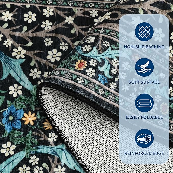 GarveeHome 4x6 Washable Area Rug for Living Room, Floral Large Entryway Kitchen Rug Non Slip, Ultra Soft Stain Resistance Carpet for Bedroom Laundry Room, Black