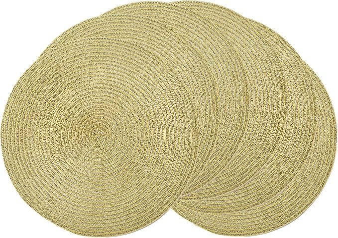 AHHFSMEI Round Braided Placemats 15 Inch Round Table Mats for Dining Tables Natural Woven Heat Resistant Place mats Set of 6 (Gold Shine)