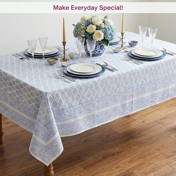 ATOSII Amalfi Blue 100% Cotton Boho Rectangle Fall Tablecloth, Handblock Print Table Cloth for Kitchen I Dining Table Linen Fall Décor I Parties Wedding Outdoors Summer I 72 X 108 Inches I 8 Seater