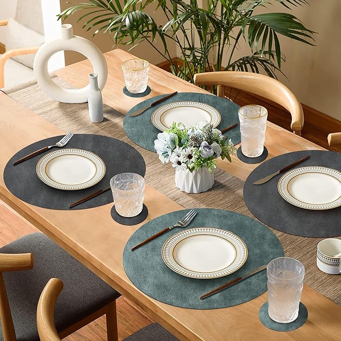 Round Placemats and Coasters Set of 6, Washable Reversible Faux Leather Placemats Cowhide Pattern Place Mats Wipeable Non-Slip 15 inch Round Kitchen Dining Table Mats (Gray Blue Green, 6)